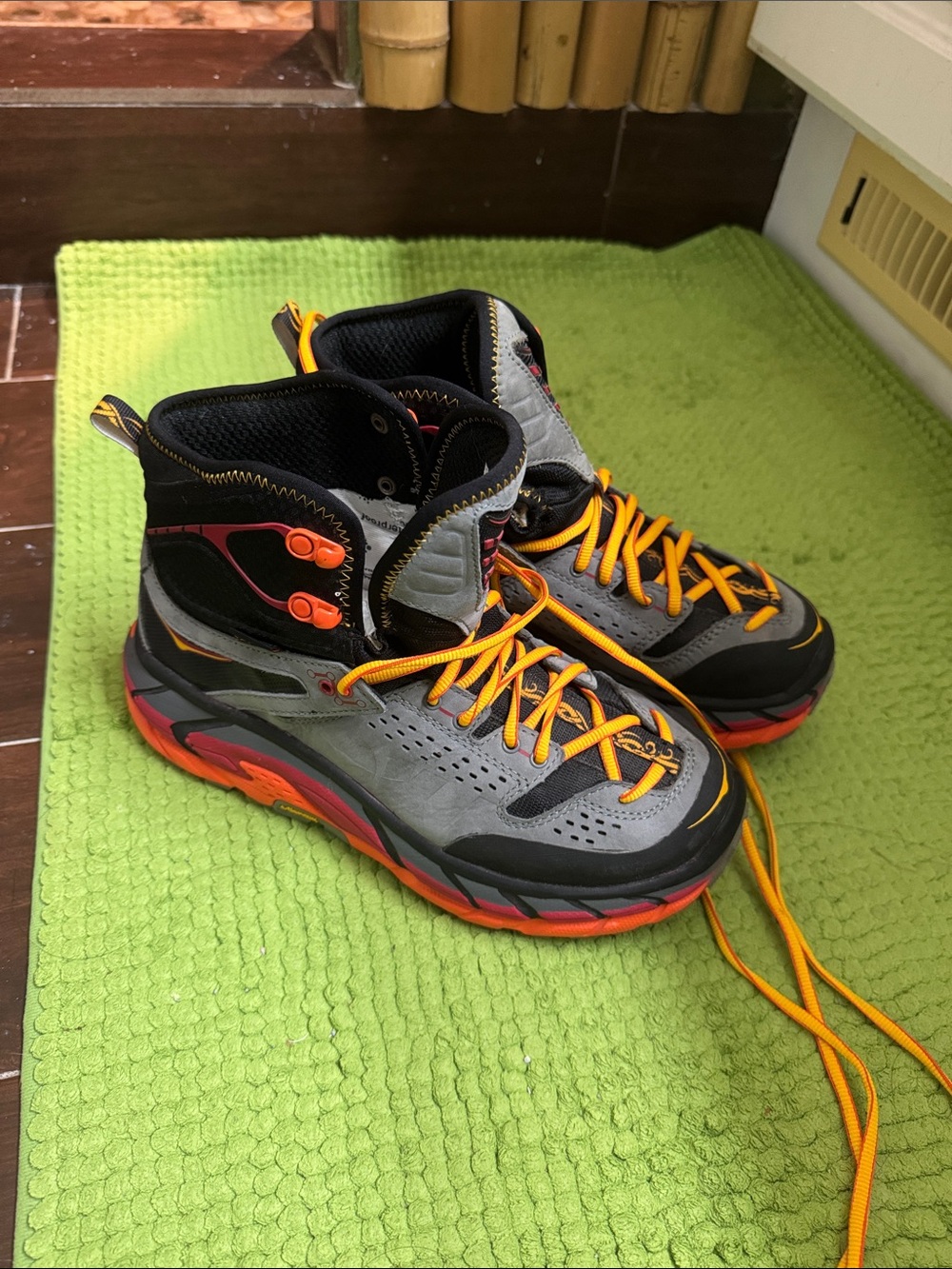 Hoka One One High-Top Athletic Sneakers in Gray & Orange